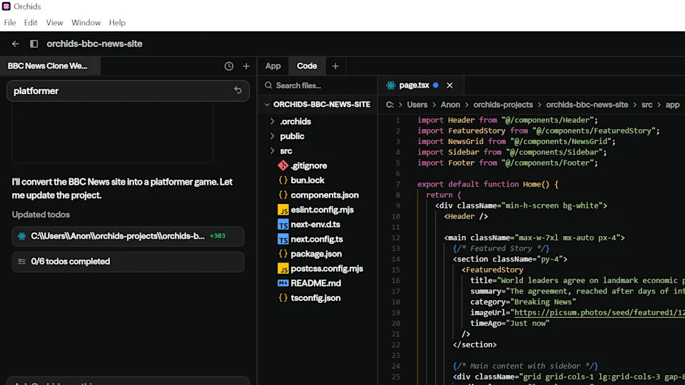 Screenshot of the Orchids app. Shows computer code being created in an action window and folders and chat box
