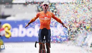 Mathieu van der Poel celebrates as he crosses the finish line