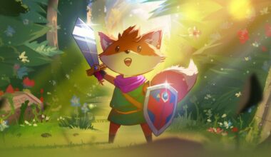 Tunic key art - bipedal fox holding a sword and shield