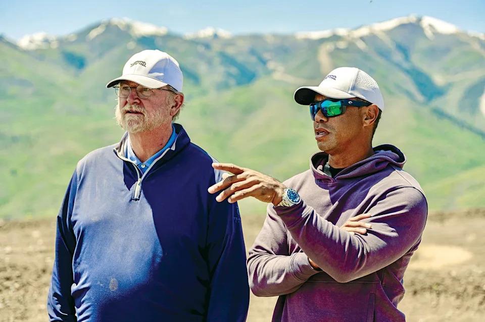 Beau Welling, left, and Tiger Woods visit the in-development Marcella Club in Utah.