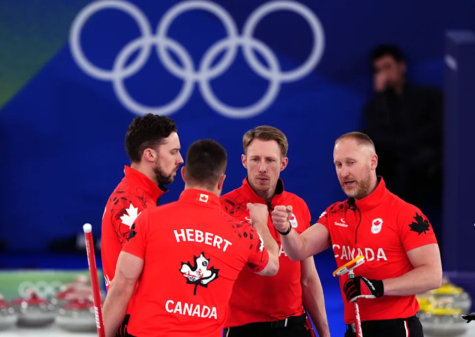 Canada's Tyler Tardi, Ben Hebert, Marc Kennedy and Brad Jacobs celebrates a point during the Curling Men Round Robin Session 10 at the Cortina Curling Olympic Stadium, on day eleven of the Milano Cortina 2026 Winter Olympics, Italy. Picture date: Tuesday February 17, 2026. (Photo by Andrew Milligan/PA Images via Getty Images)