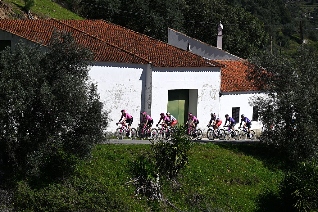 LAGOS, PORTUGAL - FEBRUARY 21: (L-R) Kasper Asgreen of Denmark, Marijn van den Berg of Netherlands, Noah Hobbs of Great Britain and Team EF Education - EasyPost and a general view of the peloton competing during the 52nd Volta ao Algarve em Bicicleta 2026, Stage 4 a 175.1km stage from Albufeira to Lagos on February 21, 2026 in Lagos, Portugal. (Photo by Dario Belingheri/Getty Images)