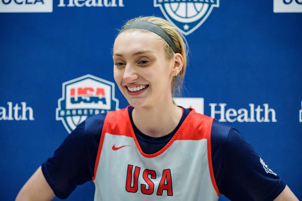 Cameron Brink addresses the media during the United States Women's Basketball Team training camp at Duke University.
