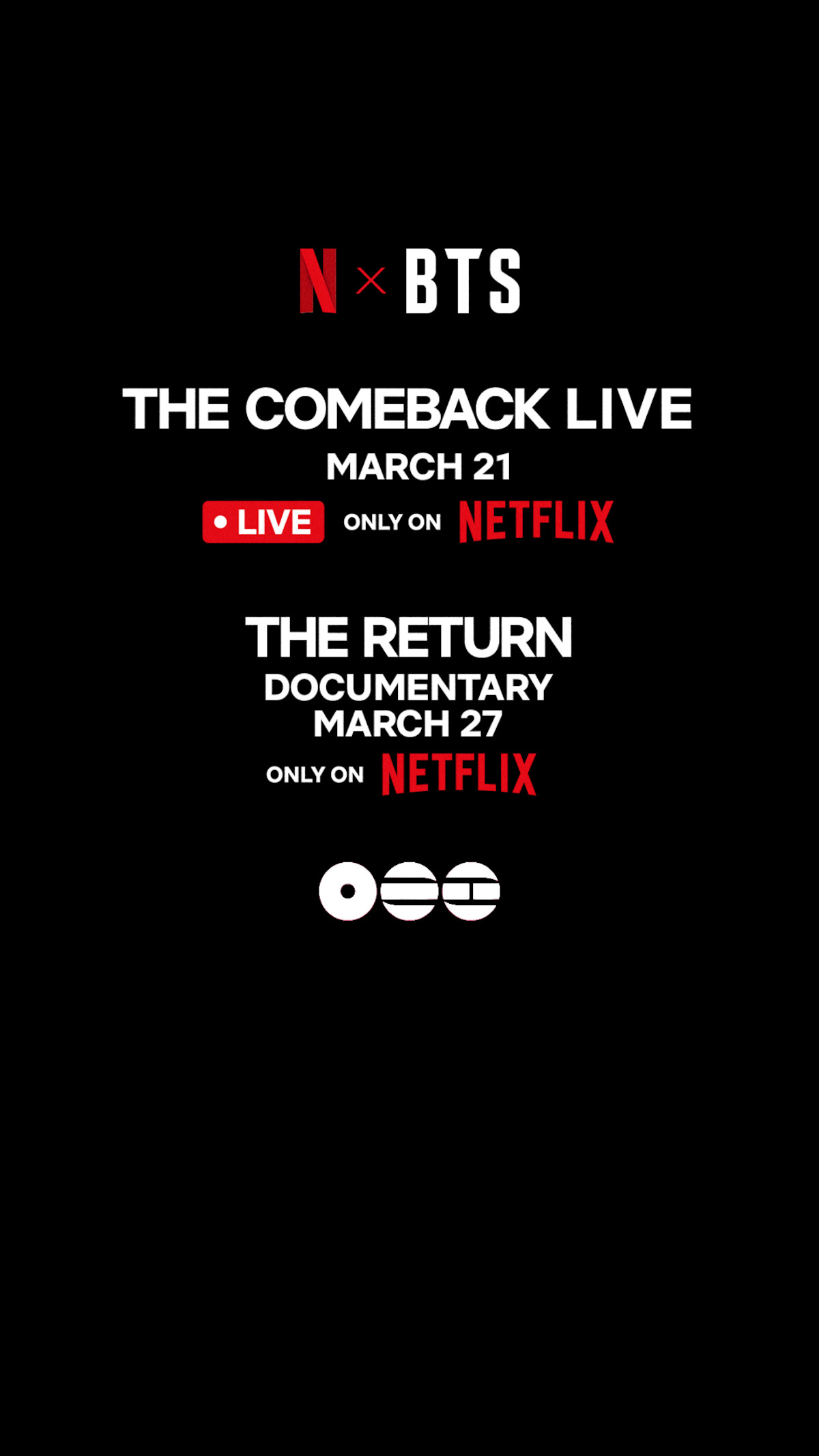 Netflix and BTS event poster with black background, promoting "The Comeback Live" on March 21 and "The Return" documentary on March 27, both available exclusively on Netflix. Logos and dates are displayed in bold text.