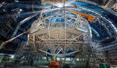 An image of a construction site with a large circular scaffolding in the middle of the scene.