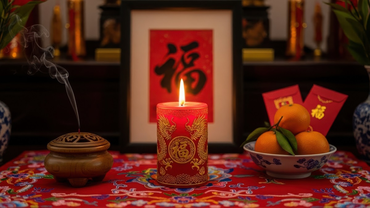 Close up a candle lit up with a flame on an alter for Lunar New Year.