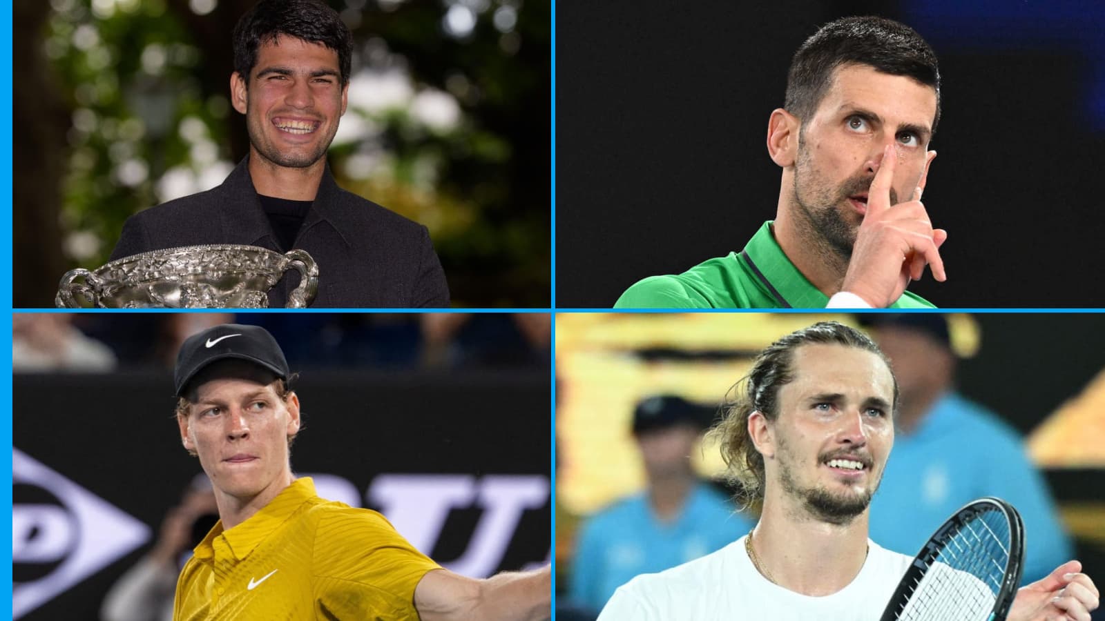 Novak Djokovic above Jannik Sinner, Carlos Alcaraz leads