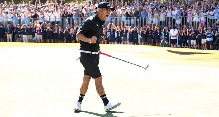 Anthony Kim of 4Aces GC reacts to his putt on the 18th green during the final round of the LIV Golf Adelaide at Grange Golf Club in Adelaide, Australia Sunday, Feb. 15, 2026. (Charles Laberge/LIV Golf via AP)