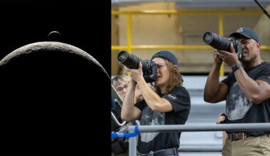 A split image: on the left, a crescent moon with a smaller celestial body above it; on the right, two people with cameras and moon-themed shirts photographing something off-frame indoors.