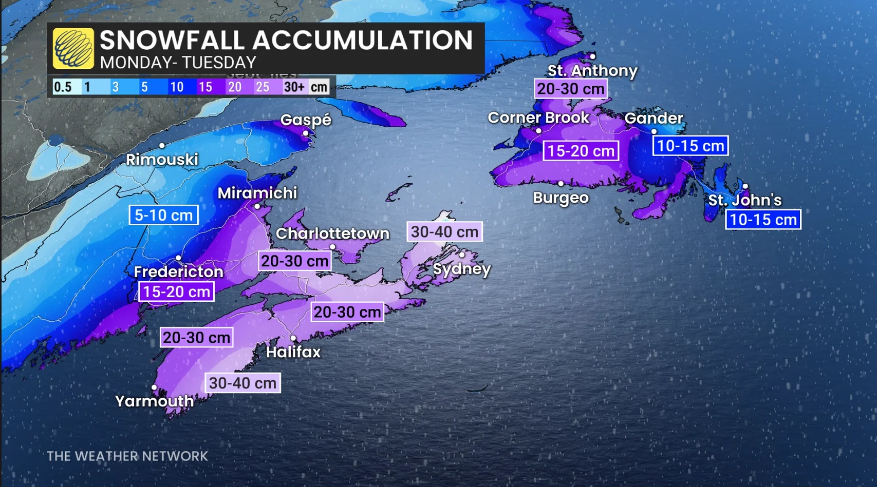 Atlantic Canada snowfall through Tuesday