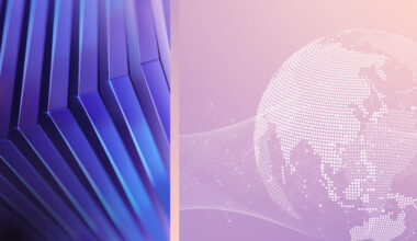 Split image featuring layered, angular panels beside a dotted globe with flowing lines showing global connections