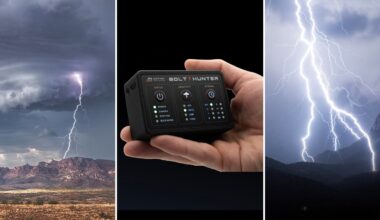 A collage with three panels: a lightning bolt striking over mountains, a hand holding an electronic device labeled "Bolt Hunter," and another vivid lightning strike illuminating a mountainous landscape at night.