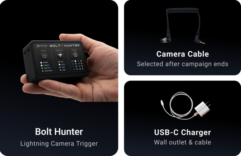 A hand holds a Bolt Hunter lightning camera trigger. Next to it are images of a camera cable and a USB-C charger with wall outlet and cable, each with descriptive labels.
