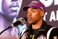 Errol Spence Jr., speaks during a press conference ahead of his fight this weekend against...