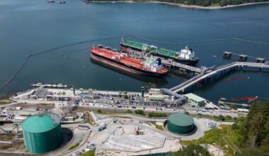 Two oil tankers are docked at a terminal in Burnaby, B.C.
