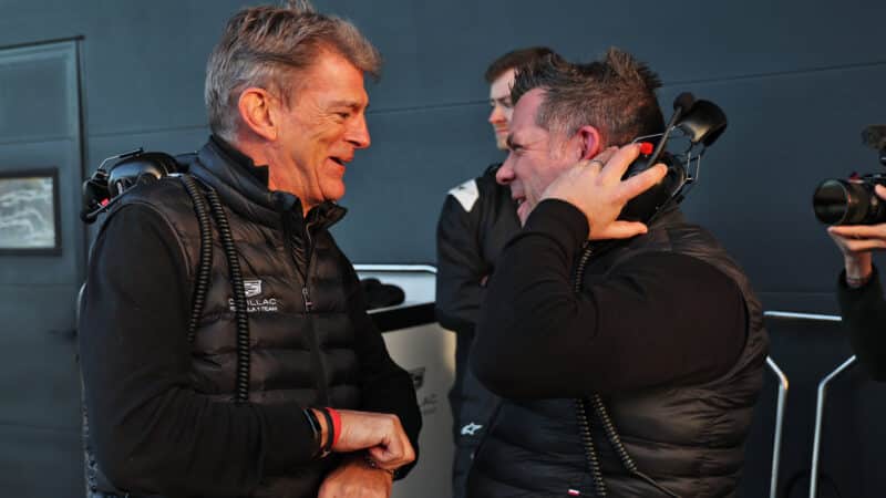 (L to R): Graeme Lowdon (GBR) Cadillac Formula 1 Team, Team Principal with Peter Crolla (GBR) Cadillac F1 Race Team Manager. 16.02.2026. Formula 1, Cadillac Formula 1 Team Car Filming Day, Silverstone, England, Friday.