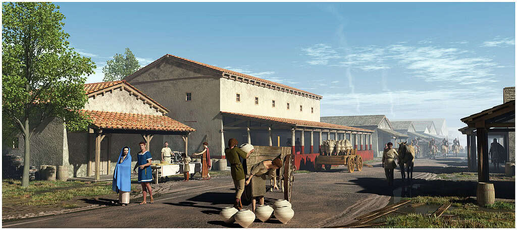 Ancient Roman marketplace with vendors and carts in a historical setting.