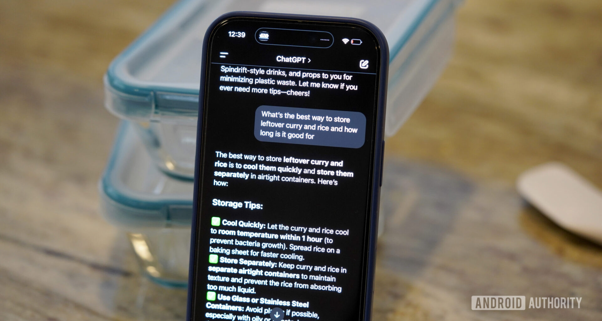 A users's iPhone displays tips from ChatGPT related to food storage.