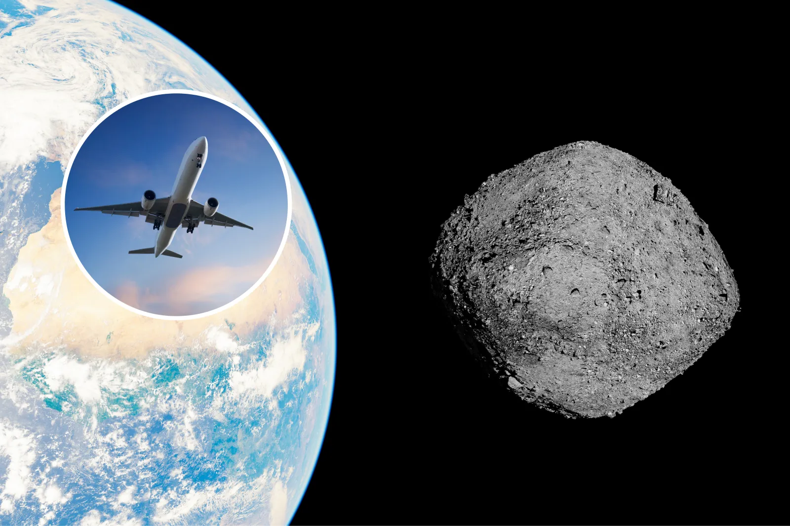 Asteroid near Earth, with inset picture of a plane.
