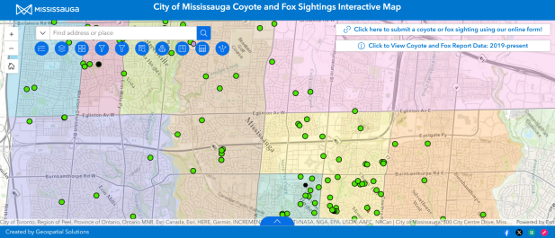 Screenshot of the City of Mississauga's Coyote and Fox Sightings Map