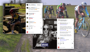 Screenshots over a photo of people cycling on cobbles