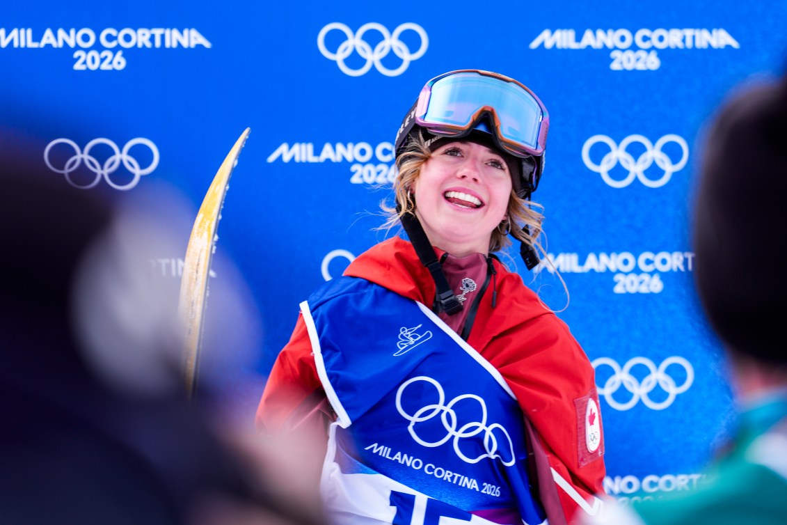 Team Canada’s Juliette Pelchat smiles after her third and final run in Women's Snowboard Slopestyle finals