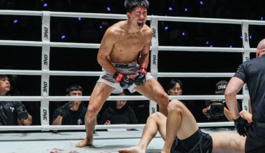 MMA fighter Adrian Lee screams in the ring following his win