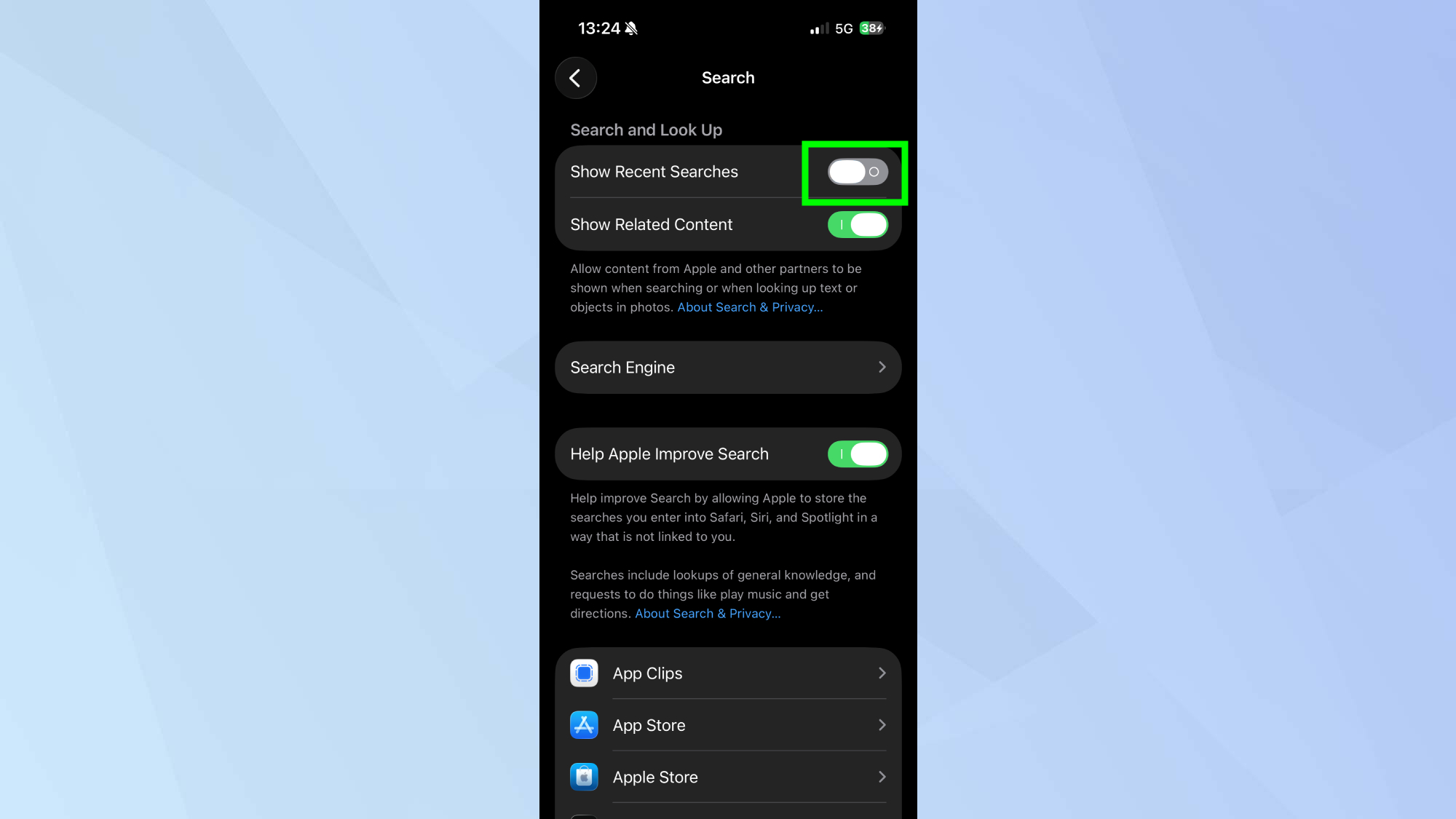 iPhone show recent searches toggled off