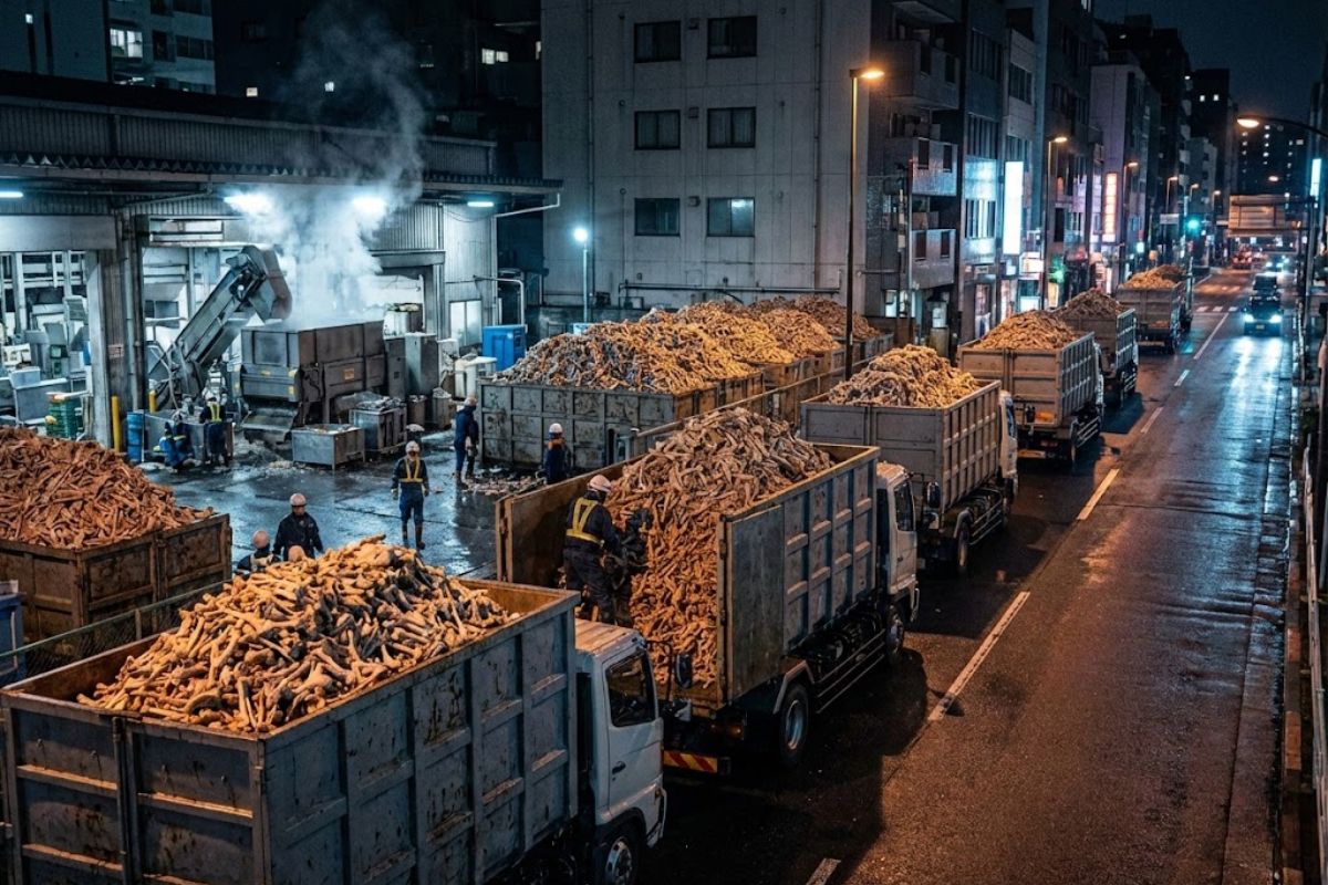 Ramen bones become fertilizer, reducing waste in restaurants and supporting an efficient urban-agro cycle in Tokyo.