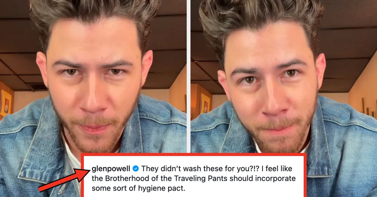Glen Powell Reacts To Nick Jonas' Borrowed Pants Find