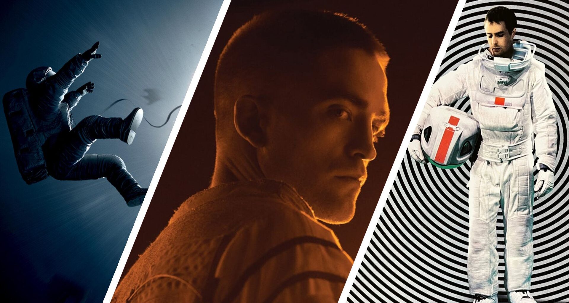 Split image showing screenshots from three bleak sci-fi movies (L-R): Gravity, High Life, and Moon.