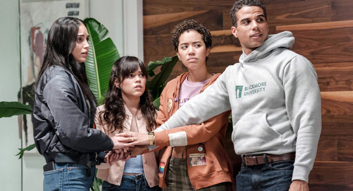 Melissa Barrera, Jenna Ortega, Jasmin Savoy Brown, and Mason Gooding in Scream VI (2023)
