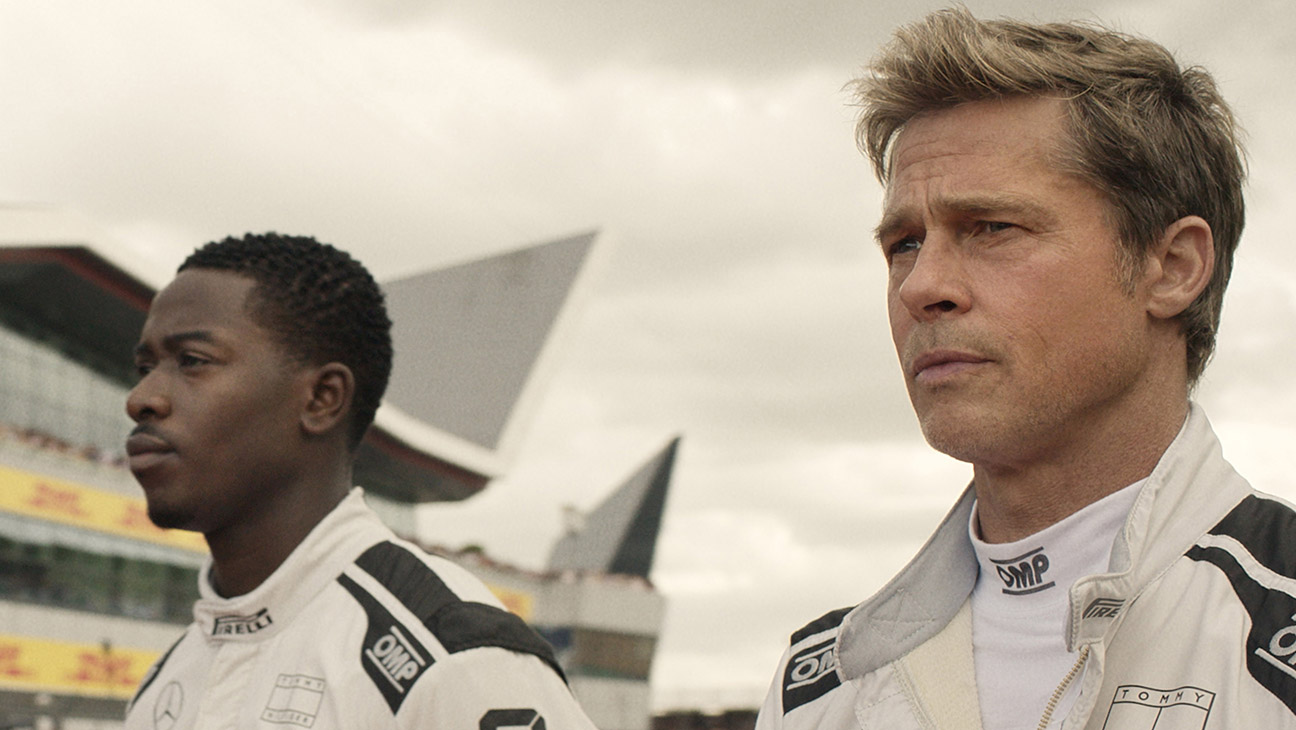 Damson Idris as Joshua Pearce and Brad Pitt as Sonny Hayes in F1