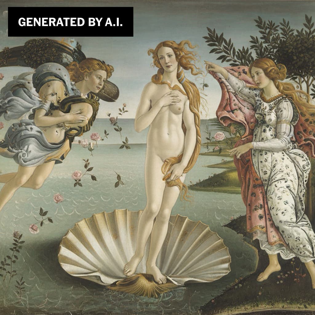 An A.I rendering of The Birth of Venus with missing details from the original painting.