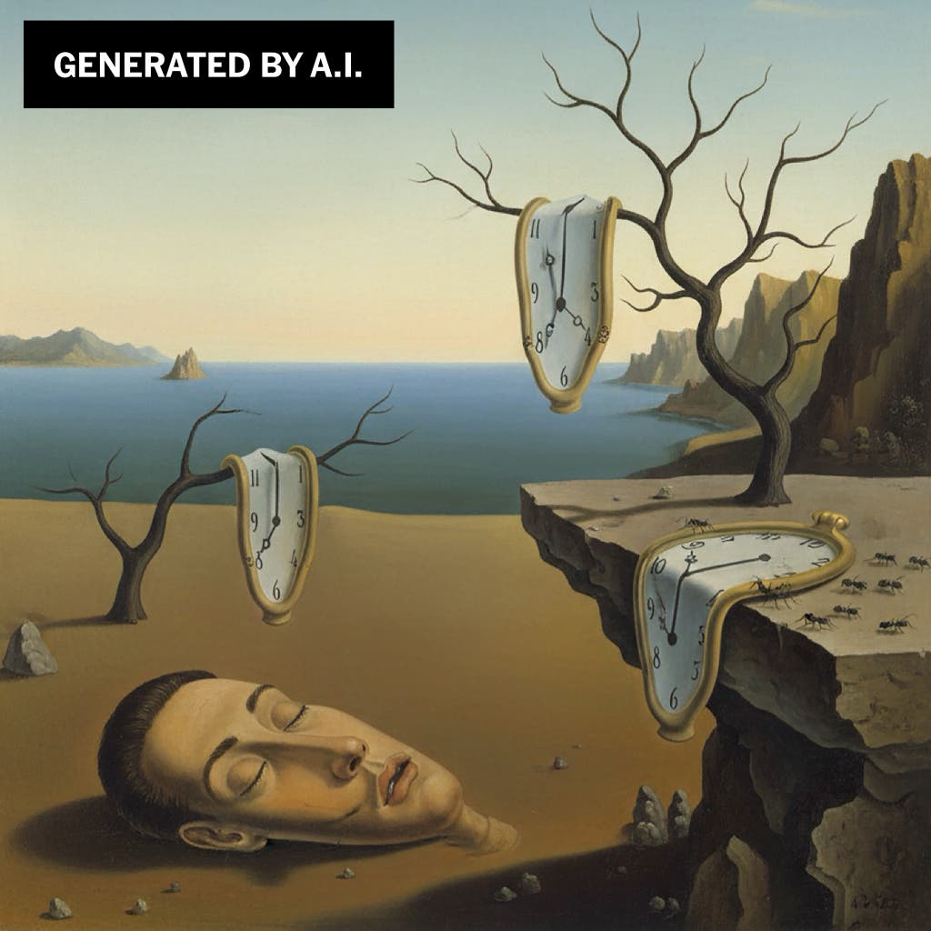 An A.I generated image of Dali's The Persistence of Memory with inaccuracies in rendered in the image.