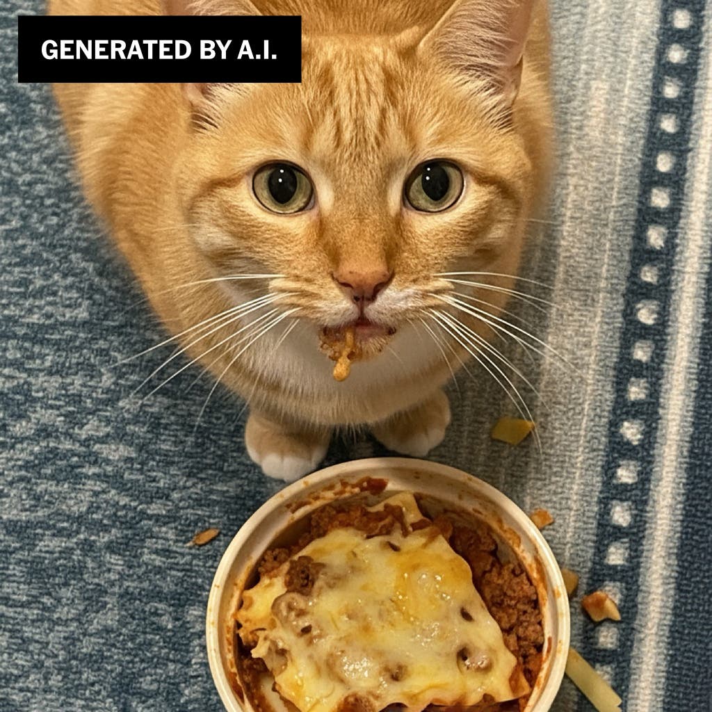 An A.I generated image of a cat with a plate of lasagna.