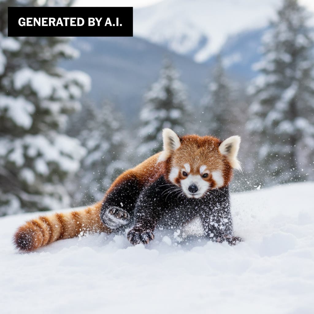 An A.I generated image of a red panda on a snowy mountain.