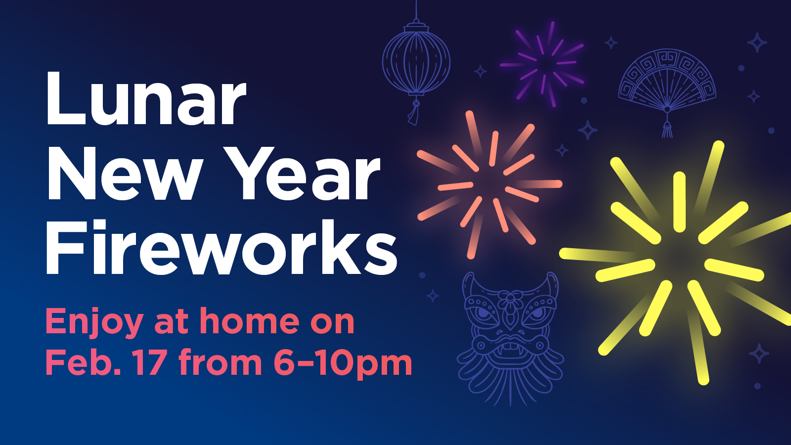 Lunar New Year fireworks with cultural symbols in the background.