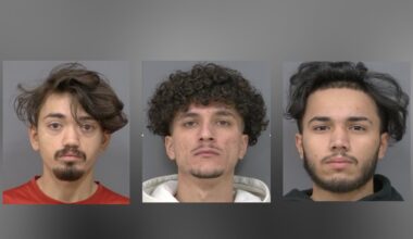 Three side-by-side headshots of young men against plain backgrounds. Each is facing the camera with a neutral expression. The man on the left has medium-length hair and light facial hair, wearing a red top. The man in the centre has short curly hair and a hoodie. The man on the right has dark hair  and light facial hair, wearing a dark top.