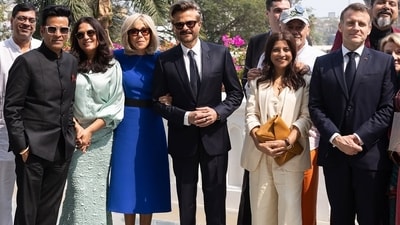 French President Emmanuel Macron and First Lady Brigitte Macron with Manoj Bajpayee, Anil Kapoor, Zoya Akhtar and others.