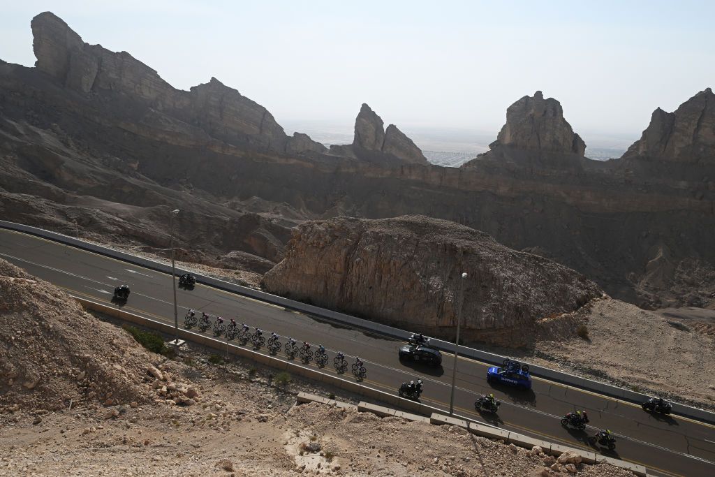 JEBEL HAFEET, UNITED ARAB EMIRATES - FEBRUARY 23: Tadej Pogacar of Slovenia and UAE Team Emirates - Red Leader Jersey, Giulio Ciccone of Italy and Team Lidl-Trek, Oscar Onley of The United Kingdom and Team Picnic PostNL, Finn Fisher-Black of New Zealand and Team Red Bull - Bora - Hansgrohe, Pello Bilbao Lopez De Armentia of Spain and Team Bahrain Victorious, Pablo Castrillo Zapater of Spain and Team Movistar Team, Ivan Romeo Abad of Spain and Team Movistar Team, Ramses Debruyne of Belgium and Team Alpecin-Deceuninck, Patrick Konrad of Austria and Team Lidl-Trek, William Junior Lecerf of Belgium and Team Soudal Quick-Step and Harold Alfonso Tejada Canacue of Colombia and XDS Astana Team compete in the breakaway during the 7th UAE Tour, Stage 7 a 176km stage from Al Ain Hazza Bin Zayed Stadium to Jebel Hafeet 1031m / #UCIWWT / on February 23, 2025 in Jebel Hafeet, United Arab Emirates. (Photo by Dario Belingheri/Getty Images)