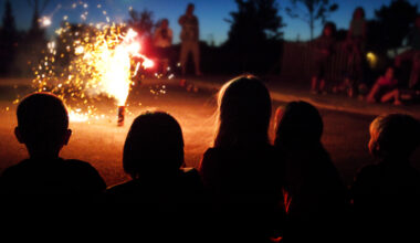 Kids Watching Fireworks on the street at a safe distance away.