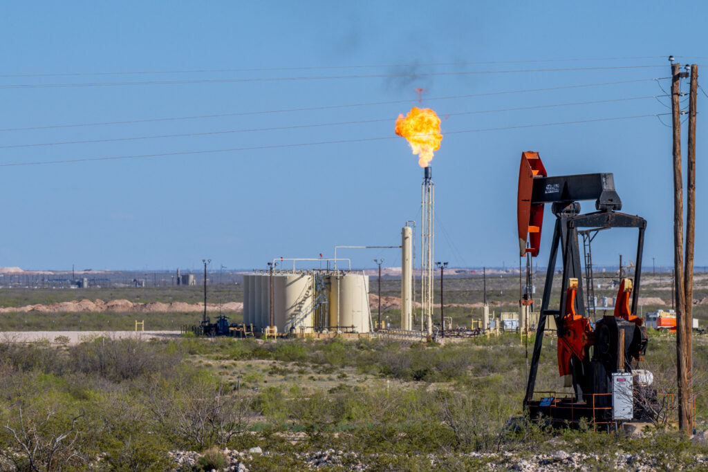 An oil pump jack operates in the Permian Basin of West Texas. Credit: Brandon Bell/Getty Images