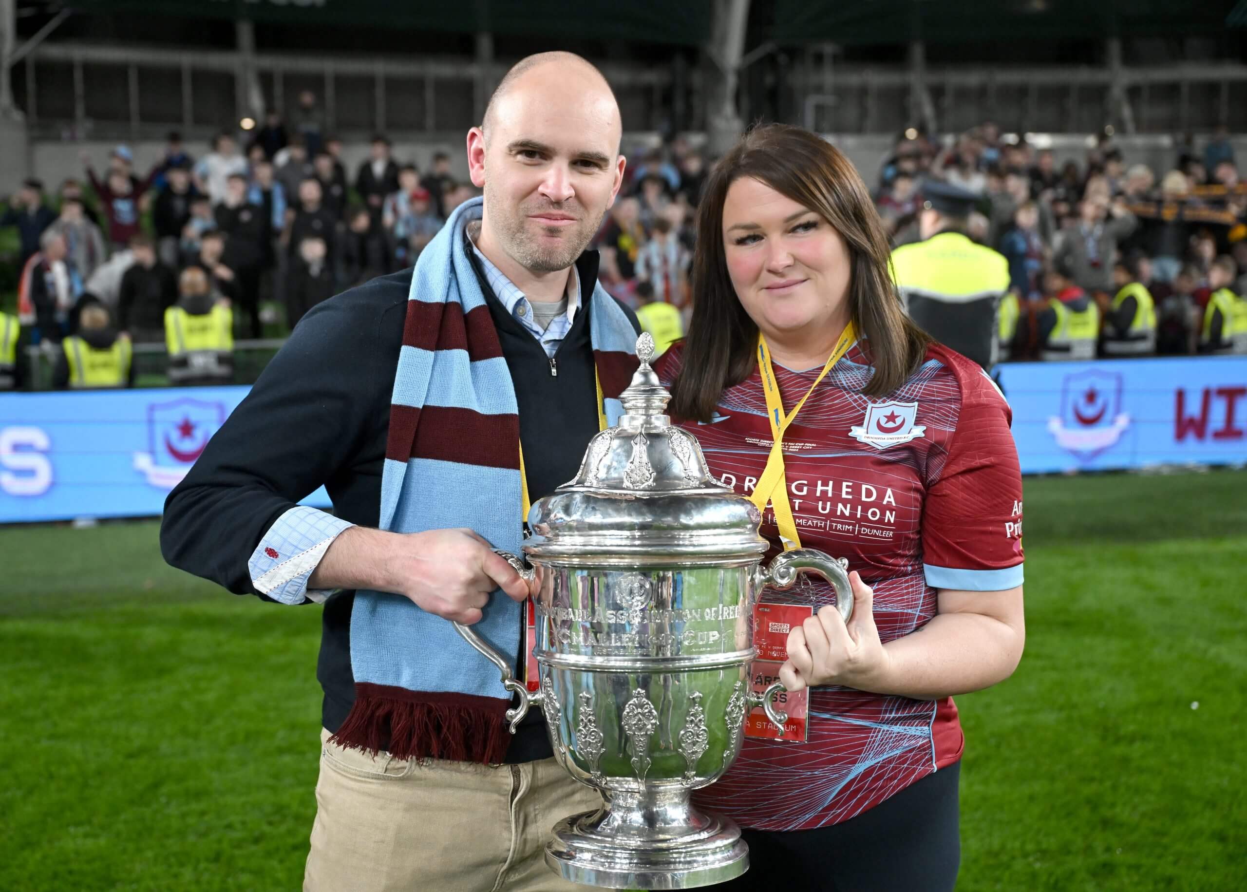 Trivela's Boycott alongside Byrne, celebrating Drogheda's 2024 FAI Cup triumph