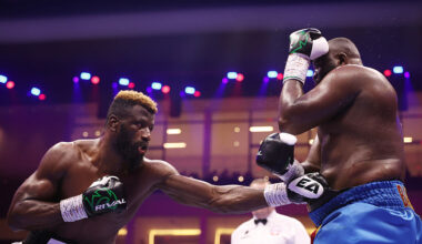 RIYADH, SAUDI ARABIA - MAY 03: Efe Ajagba and Martin Bakole (L-R) on the Fatal Fury City of Wolves card at ANB Arena on May 03, 2025 in Riyadh, Saudi Arabia. (Photo by Richard Pelham/Getty Images)