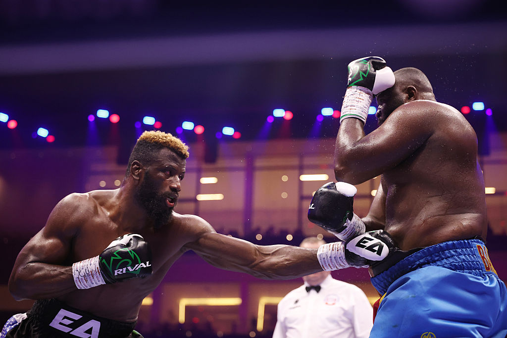 RIYADH, SAUDI ARABIA - MAY 03: Efe Ajagba and Martin Bakole (L-R) on the Fatal Fury City of Wolves card at ANB Arena on May 03, 2025 in Riyadh, Saudi Arabia. (Photo by Richard Pelham/Getty Images)