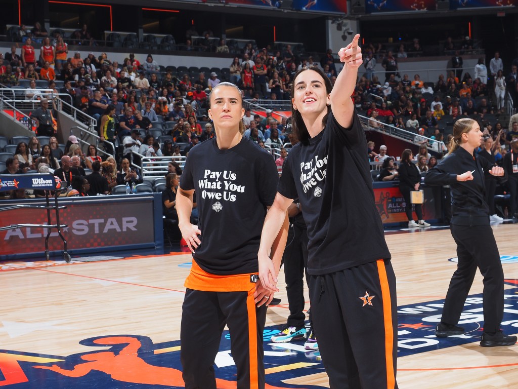 Sabrina Ionescu #20 and Caitlin Clark #22 of Team Clark look on before the AT&T WNBA All-Star Game 2025 on July 19, 2025