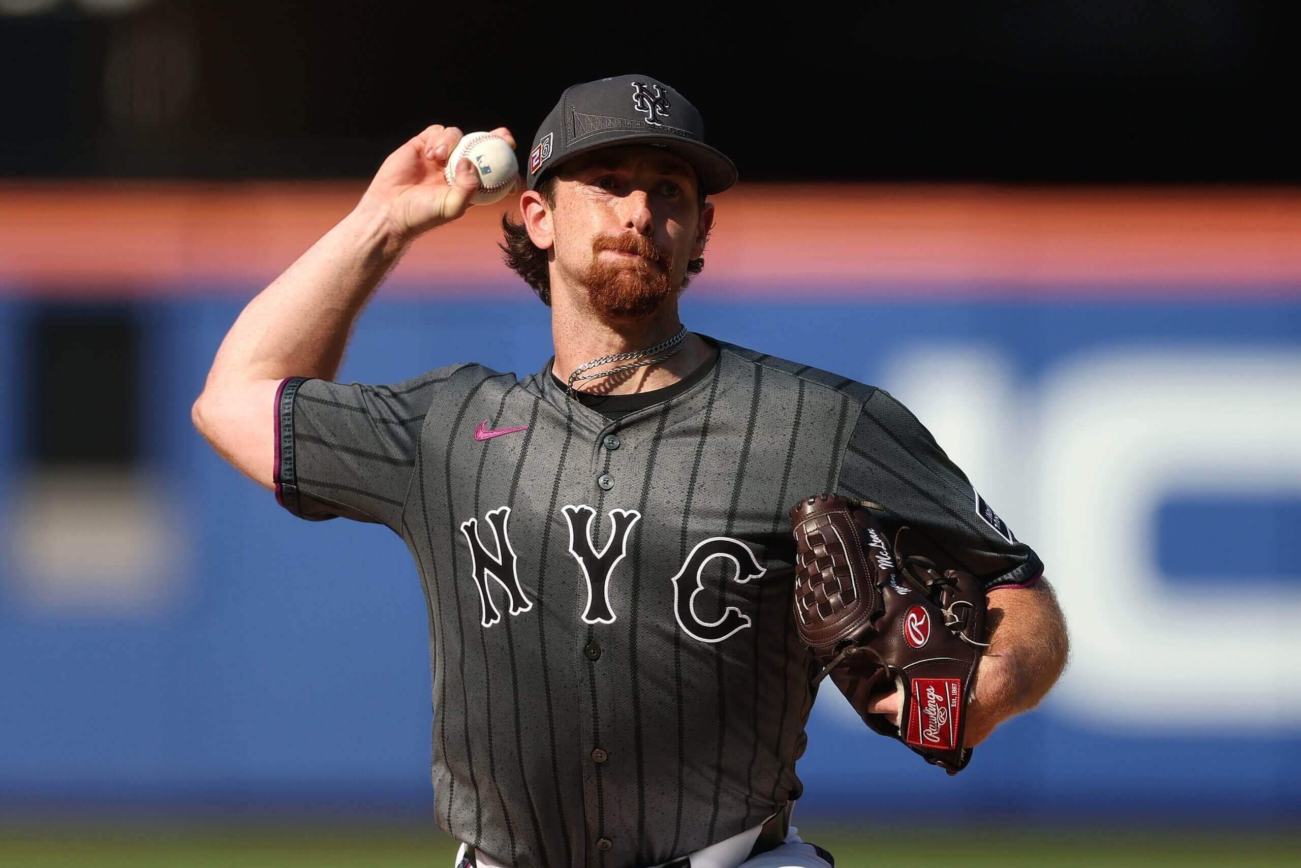 Nolan McLean #26 of the New York Mets pitches against the Seattle Mariners during their game at Citi Field on August 16, 2025 in New York City. It was his first game pitching in Major League Baseball.