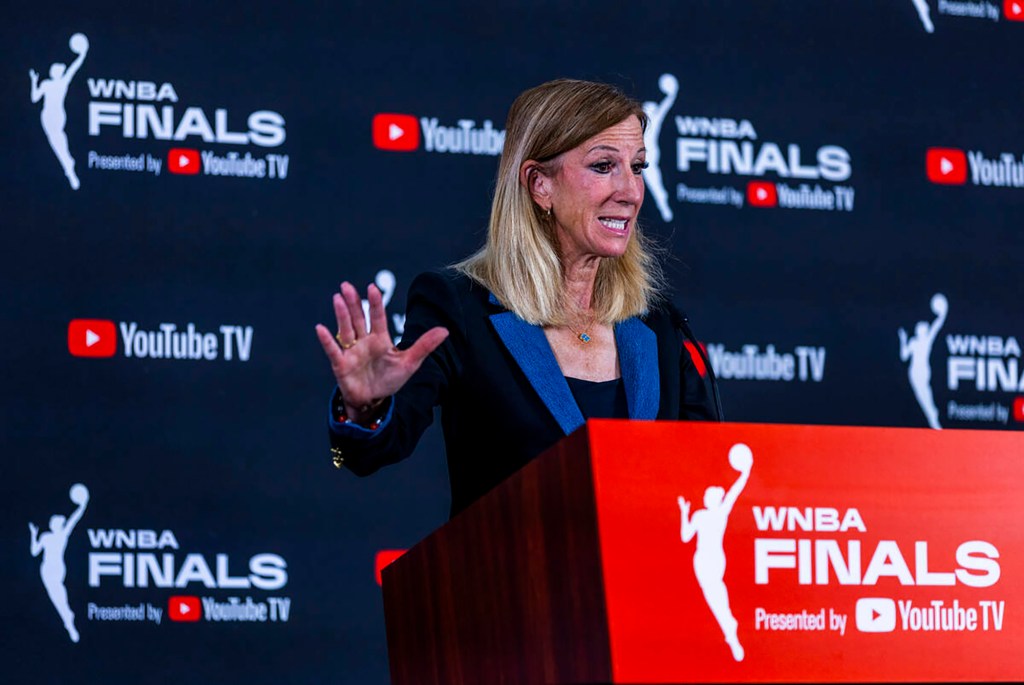 WNBA commissioner Cathy Engelbert speaks to the media before Game 1 of the WNBA Finals series with the Las Vegas Aces playing host to the Phoenix Mercury in the Michelob Ultra Arena at Mandalay Bay on Friday, Oct. 3, 2025, in Las Vegas.