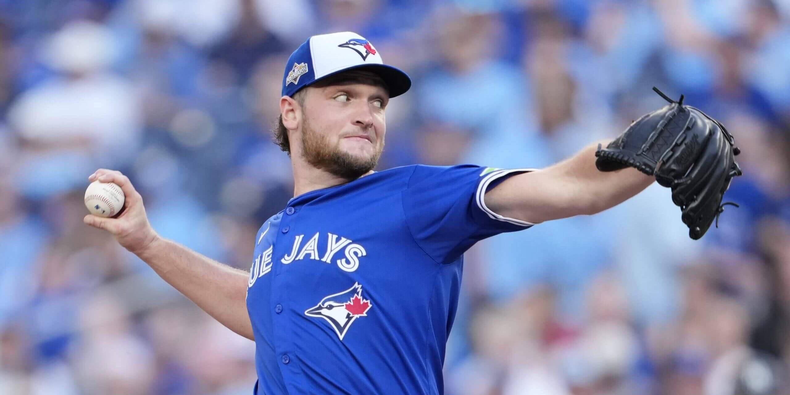 Trey Yesavage #39 of the Toronto Blue Jays pitches during the fourth inning in game two of the American League Division Series against the New York Yankees at Rogers Centre on October 05, 2025 in Toronto, Ontario.